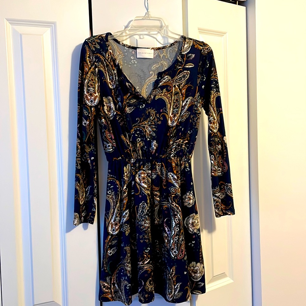 French Grey dress, small. Navy with multicolored paisley pattern.